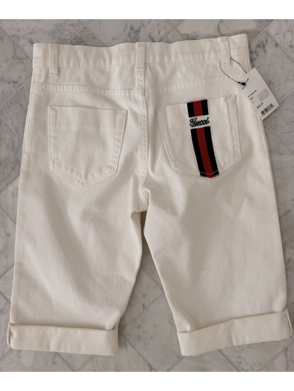 Gucci White Denim Bermuda Shorts Size 10 Web Stripe Logo NWT Italy $225